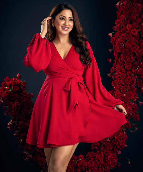 V Neck Maroon Lantern Sleeve Chiffon Dress